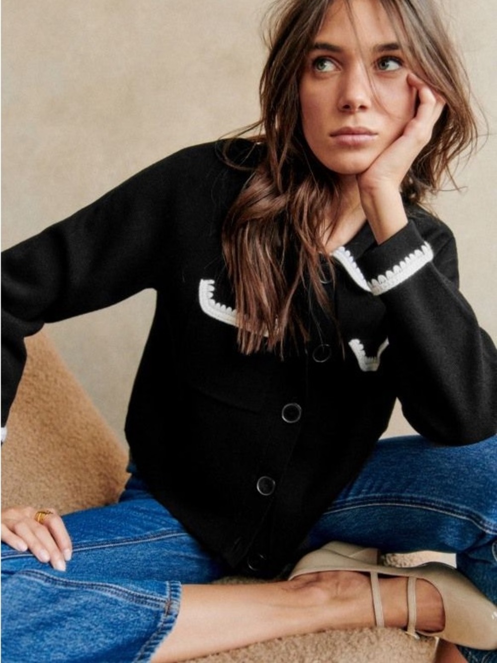 SEZANE Black Merino Wool Knit Collared Betty Cardigan w/ White Crochet Details - Picture 9 of 17